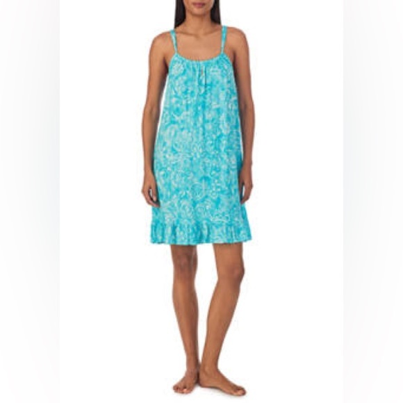 Lauren Ralph Lauren Blue Floral Tiered Mini Dress Women’s M Boho Beach - Picture 1 of 11